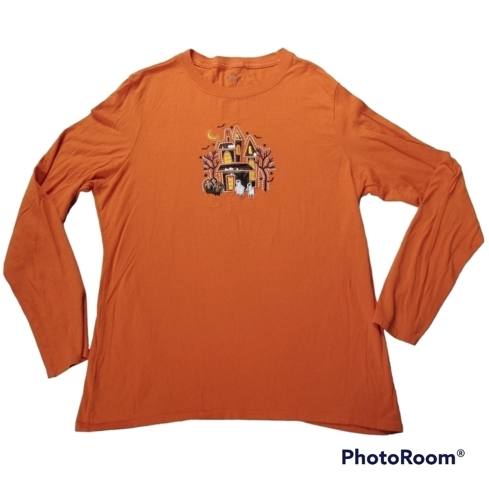 Halloween sz L 12/14 Haunted House Embroidered Long Sleeve Top